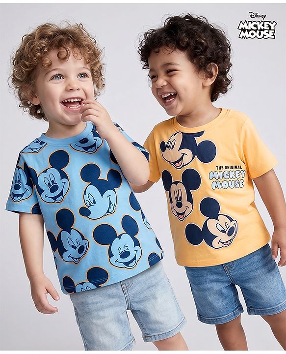 Babyhug Disney Single Jersey Knit Half Sleeves T-Shirts with Mickey Mouse Print Pack of 2 - Blue & White