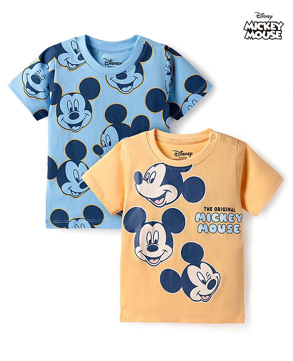 Babyhug Disney Single Jersey Knit Half Sleeves T-Shirts with Mickey Mouse Print Pack of 2 - Blue & White