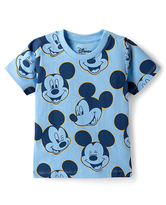 Babyhug Disney Single Jersey Knit Half Sleeves T-Shirts with Mickey Mouse Print Pack of 2 - Blue & White