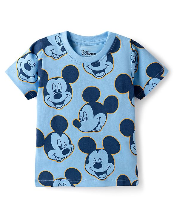 Babyhug Disney Single Jersey Knit Half Sleeves T-Shirts with Mickey Mouse Print Pack of 2 - Blue & White
