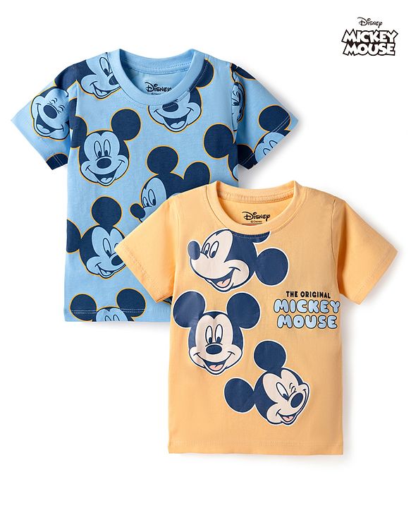 Babyhug Disney Single Jersey Knit Half Sleeves T-Shirts with Mickey Mouse Print Pack of 2 - Blue & White