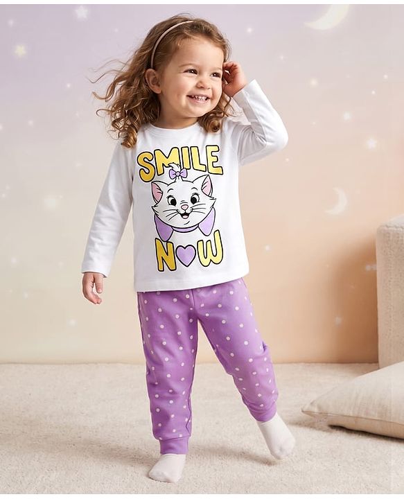 Babyhug Disney Cotton Knit Full Sleeves T-Shirt & Pyjama Night Suit With Polka Dots & Marie Graphic - Multi Color