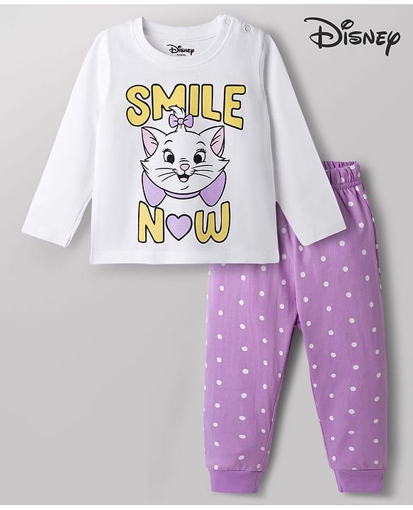 Babyhug Disney Cotton Knit Full Sleeves T-Shirt & Pyjama Night Suit With Polka Dots & Marie Graphic - Multi Color