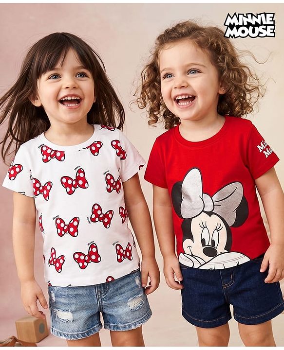 Babyhug Disney Single Jersey Knit Half Sleeves T-Shirts With Minnie Mouse Graphic Pack of 2 - Red & White