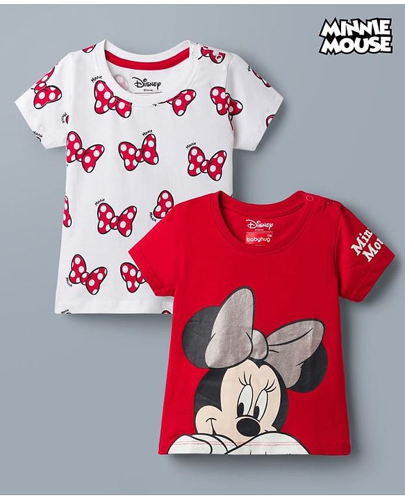 Babyhug Disney Single Jersey Knit Half Sleeves T-Shirts With Minnie Mouse Graphic Pack of 2 - Red & White