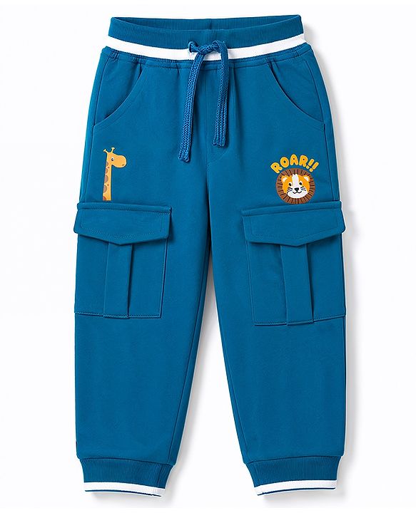 Babyhug Cotton Terry Knit Solid Full Length Lounge Pant With Animal Print - Blue