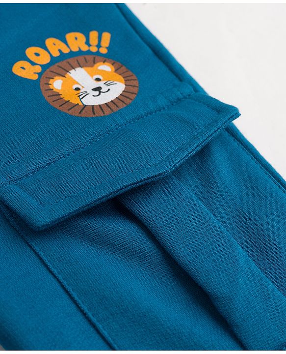 Babyhug Cotton Terry Knit Solid Full Length Lounge Pant With Animal Print - Blue