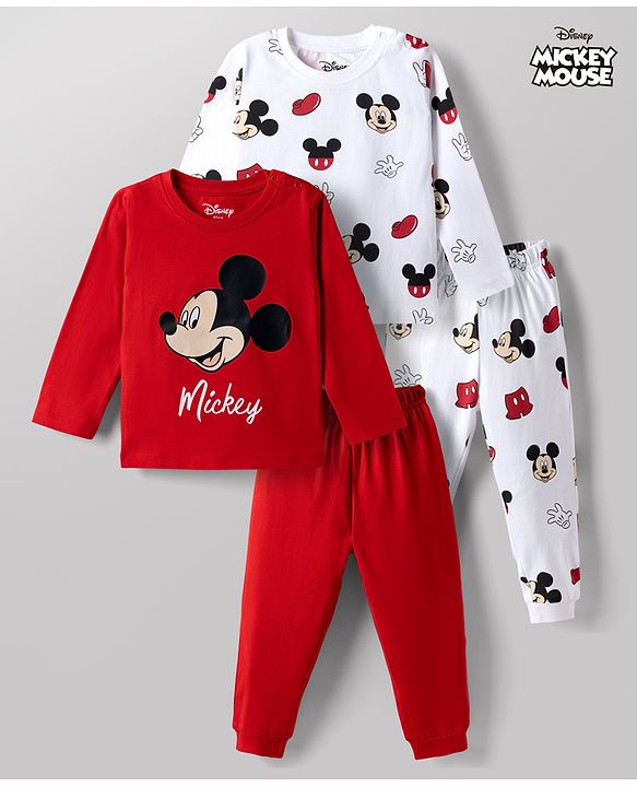 Babyhug Disney Single Jersey Knit Full Sleeves Co-Ords T-Shirt & Pyjama Night Suit with Mickey Mouse Print Pack of 2 - Red & White