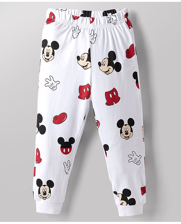 Babyhug Disney Single Jersey Knit Full Sleeves Co-Ords T-Shirt & Pyjama Night Suit with Mickey Mouse Print Pack of 2 - Red & White