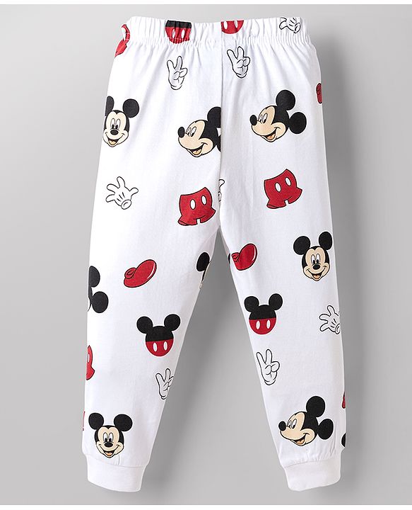 Babyhug Disney Single Jersey Knit Full Sleeves Co-Ords T-Shirt & Pyjama Night Suit with Mickey Mouse Print Pack of 2 - Red & White