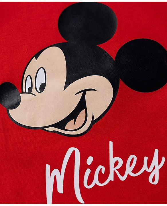 Babyhug Disney Single Jersey Knit Full Sleeves Co-Ords T-Shirt & Pyjama Night Suit with Mickey Mouse Print Pack of 2 - Red & White