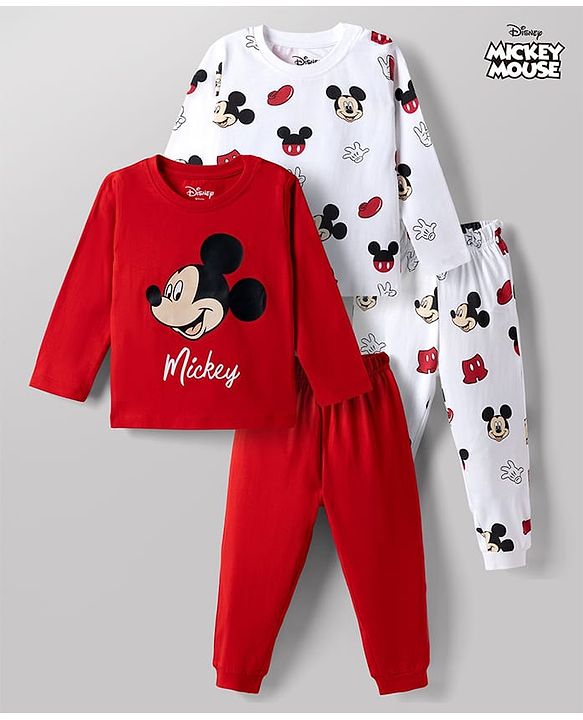 Babyhug Disney Single Jersey Knit Full Sleeves Co-Ords T-Shirt & Pyjama Night Suit with Mickey Mouse Print Pack of 2 - Red & White