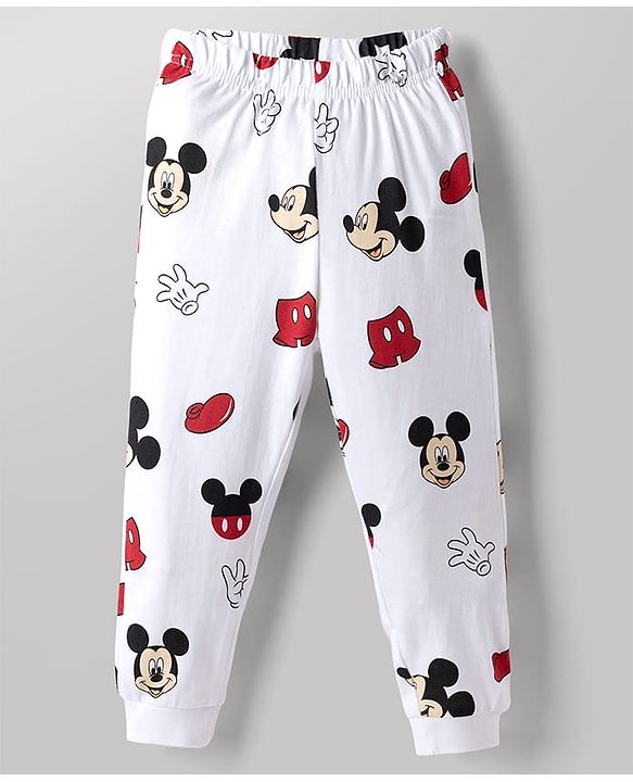 Babyhug Disney Single Jersey Knit Full Sleeves Co-Ords T-Shirt & Pyjama Night Suit with Mickey Mouse Print Pack of 2 - Red & White
