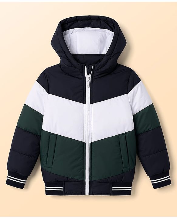 Pine Kids Woven Full Sleeves Hooded Padded Jacket - White & Green