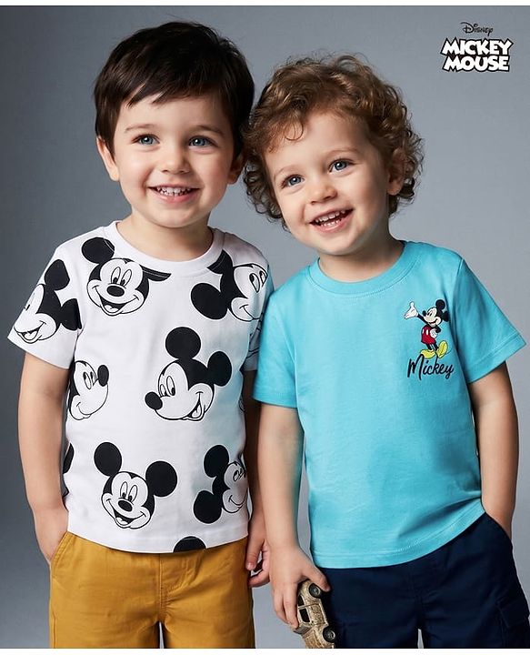 Babyhug Disney Single Jersey Knit Half Sleeves T-Shirts  With Mickey Mouse Graphic Pack Of 2 - White & Blue