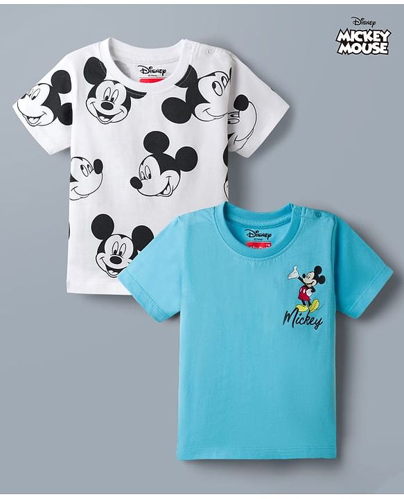 Babyhug Disney Single Jersey Knit Half Sleeves T-Shirts  With Mickey Mouse Graphic Pack Of 2 - White & Blue