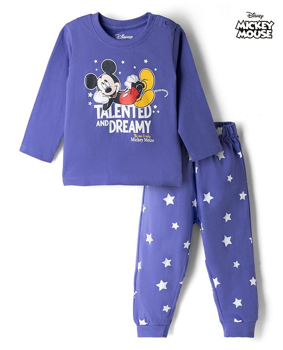 Babyhug Disney 100% Cotton Single Jersey Knit Full Sleeves T-Shirt & Pyjama Night Suit with Star & Mickey Mouse Print - Blue
