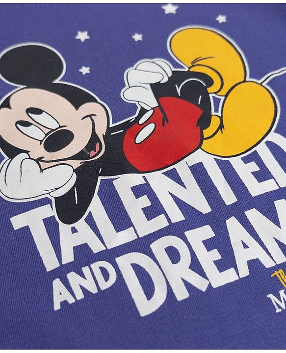 Babyhug Disney 100% Cotton Single Jersey Knit Full Sleeves T-Shirt & Pyjama Night Suit with Star & Mickey Mouse Print - Blue
