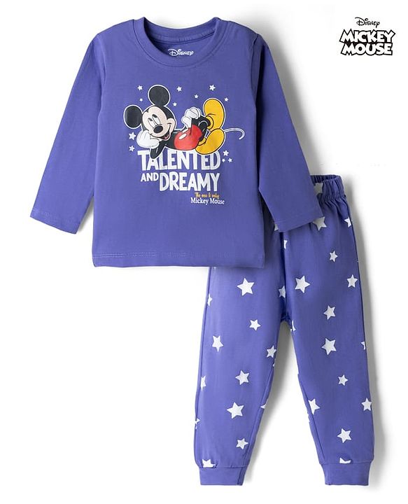 Babyhug Disney 100% Cotton Single Jersey Knit Full Sleeves T-Shirt & Pyjama Night Suit with Star & Mickey Mouse Print - Blue