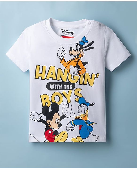 Babyhug Disney Single Jersey Knit Half Sleeves T-Shirts with Striped & Disney Print Pack of 2 - White