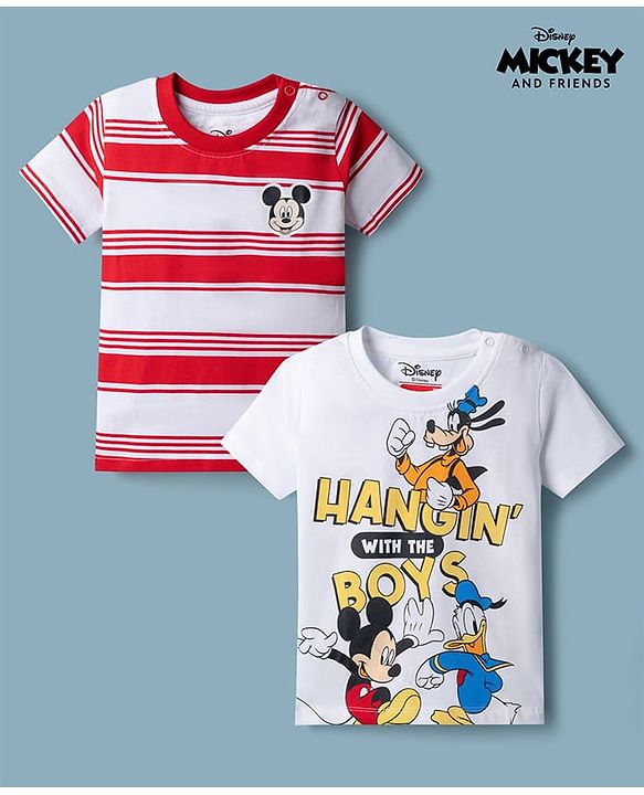 Babyhug Disney Single Jersey Knit Half Sleeves T-Shirts with Striped & Disney Print Pack of 2 - White