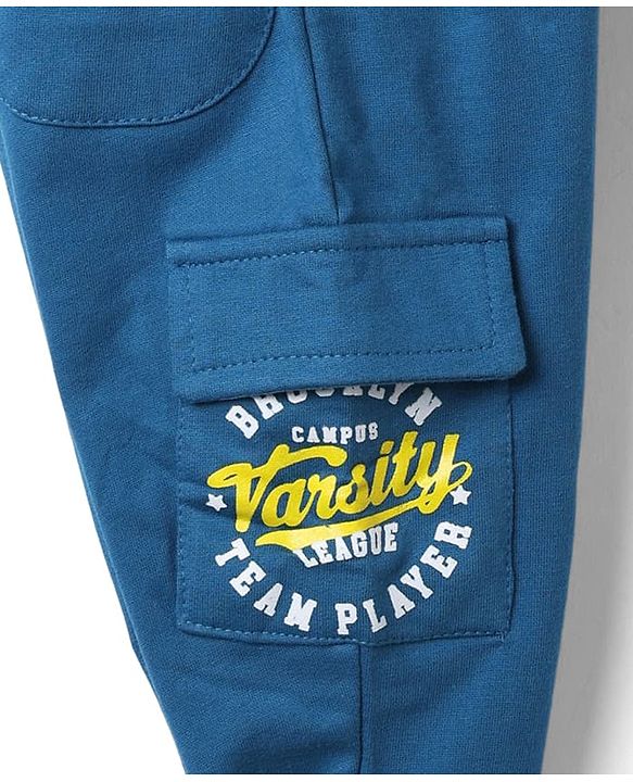 Babyhug Cotton Terry Knit Full Length Lounge Pant With Los Angeles Print & Cargo Pockets - Blue