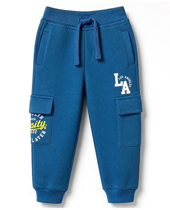 Babyhug Cotton Terry Knit Full Length Lounge Pant With Los Angeles Print & Cargo Pockets - Blue