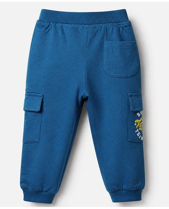 Babyhug Cotton Terry Knit Full Length Lounge Pant With Los Angeles Print & Cargo Pockets - Blue