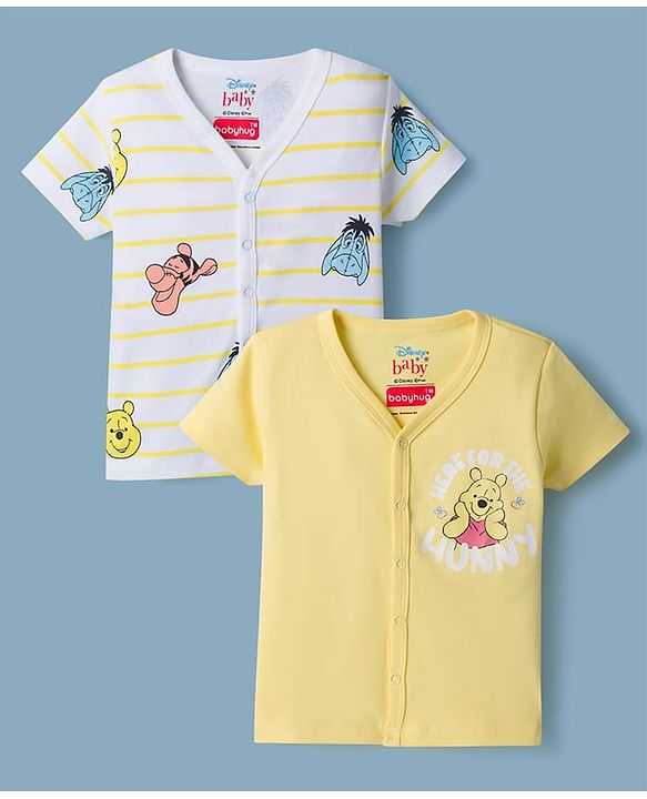 Babyhug Disney Interlock Knit Half Sleeves Striped Jhablas With Winnie the Pooh Graphic Pack of 2 - White & Yellow