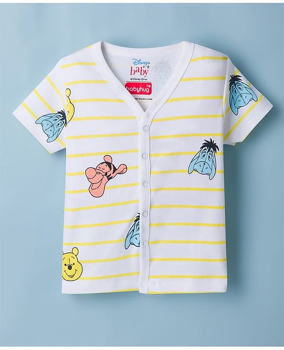 Babyhug Disney Interlock Knit Half Sleeves Striped Jhablas With Winnie the Pooh Graphic Pack of 2 - White & Yellow