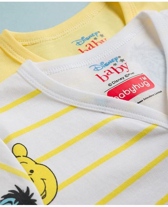 Babyhug Disney Interlock Knit Half Sleeves Striped Jhablas With Winnie the Pooh Graphic Pack of 2 - White & Yellow