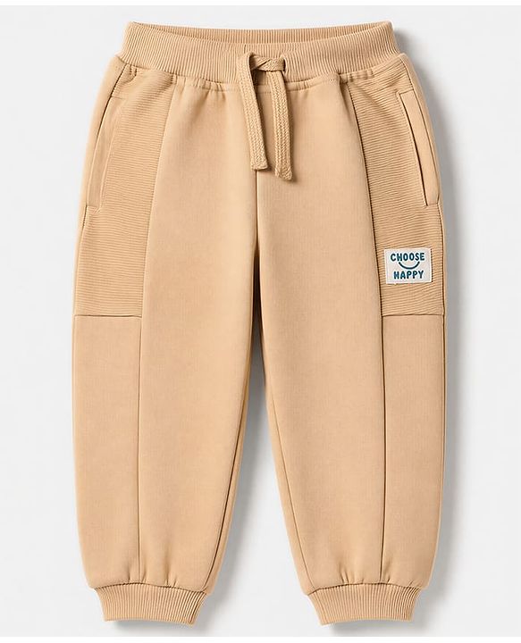 Babyhug 100% Cotton Terry Knit Full Length Choose Happy Printed Lounge Pants - Beige