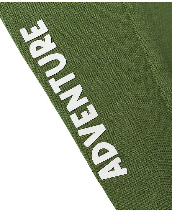 Babyhug 100% Cotton Terry Knit Full Length Lounge Pant with Text Print & Cut & Sew Design- Olive Green