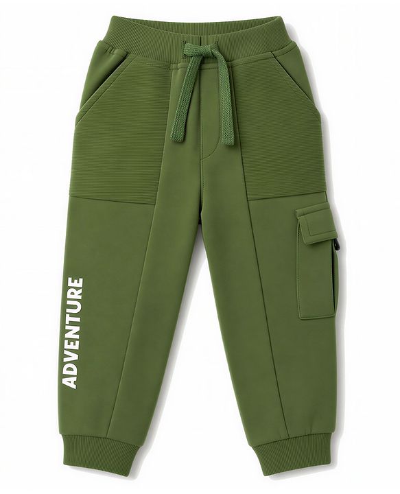 Babyhug 100% Cotton Terry Knit Full Length Lounge Pant with Text Print & Cut & Sew Design- Olive Green
