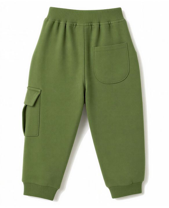 Babyhug 100% Cotton Terry Knit Full Length Lounge Pant with Text Print & Cut & Sew Design- Olive Green