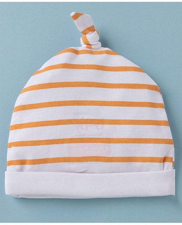 Babyhug Interlock Knit Striped Baby Caps with Winnie The Pooh & Tigger Print Pack of 2 Yellow & Dark Orange - Diameter 15 cm
