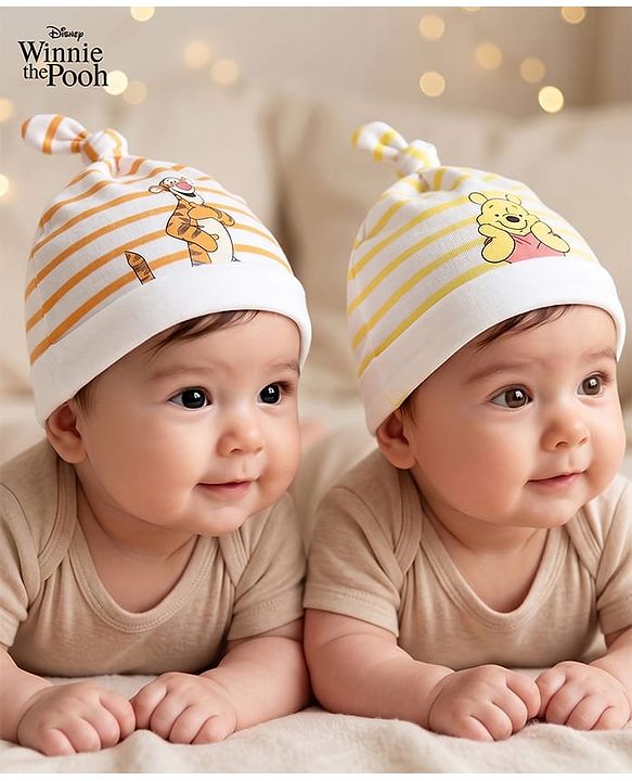 Babyhug Interlock Knit Striped Baby Caps with Winnie The Pooh & Tigger Print Pack of 2 Yellow & Dark Orange - Diameter 15 cm