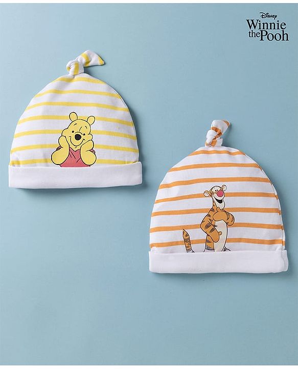 Babyhug Interlock Knit Striped Baby Caps with Winnie The Pooh & Tigger Print Pack of 2 Yellow & Dark Orange - Diameter 15 cm