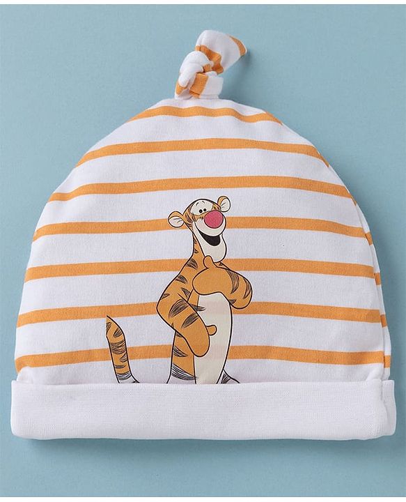 Babyhug Interlock Knit Striped Baby Caps with Winnie The Pooh & Tigger Print Pack of 2 Yellow & Dark Orange - Diameter 15 cm