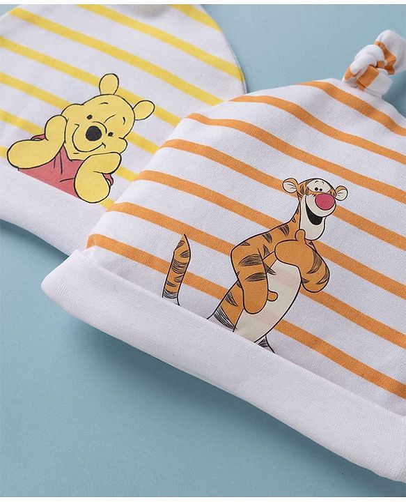 Babyhug Interlock Knit Striped Baby Caps with Winnie The Pooh & Tigger Print Pack of 2 Yellow & Dark Orange - Diameter 15 cm