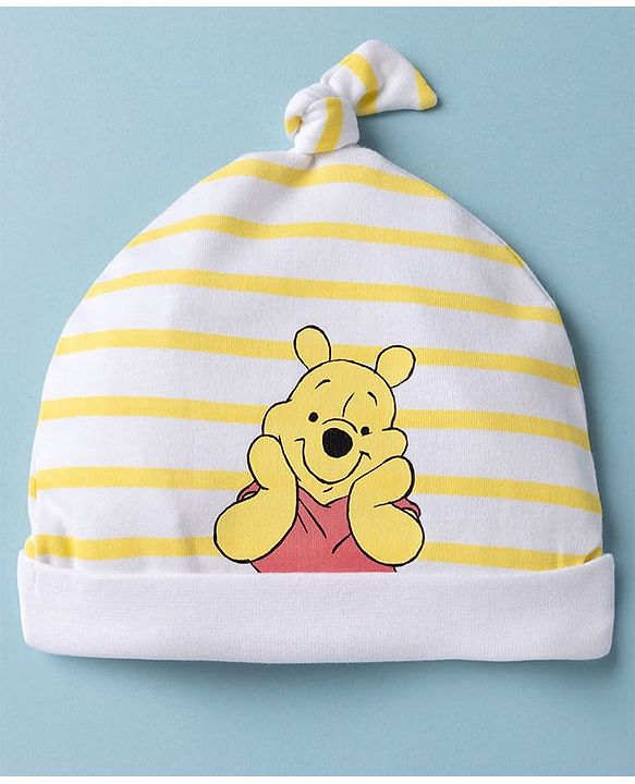 Babyhug Interlock Knit Striped Baby Caps with Winnie The Pooh & Tigger Print Pack of 2 Yellow & Dark Orange - Diameter 15 cm