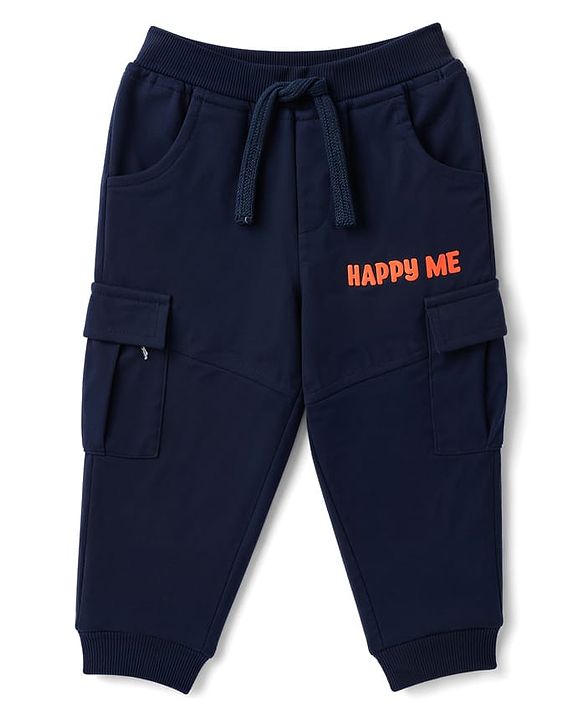 Babyhug Cotton Terry Knit Full Length Solid Lounge Pant with Cargo Pockets & Happy Me Text Print - Navy Blue