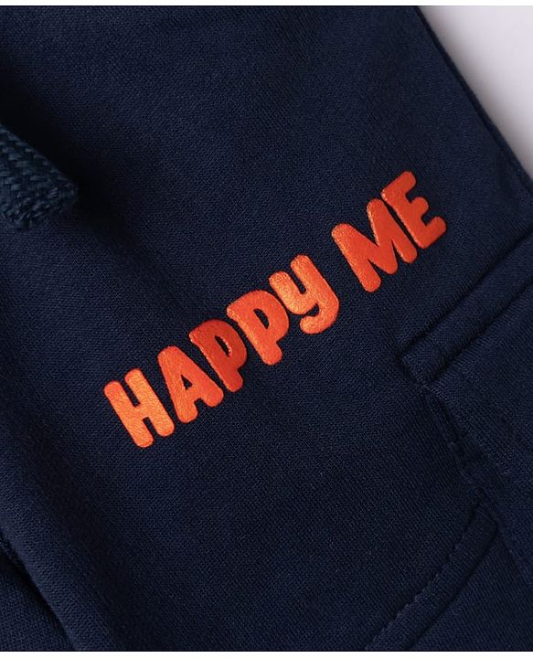 Babyhug Cotton Terry Knit Full Length Solid Lounge Pant with Cargo Pockets & Happy Me Text Print - Navy Blue