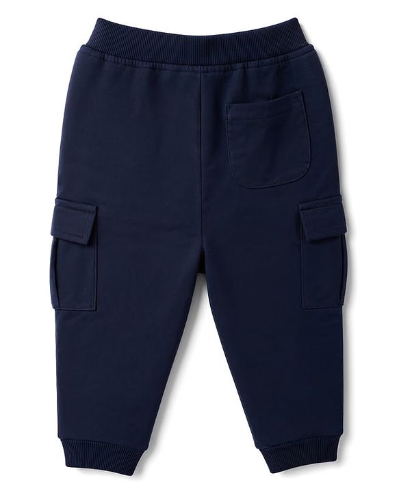 Babyhug Cotton Terry Knit Full Length Solid Lounge Pant with Cargo Pockets & Happy Me Text Print - Navy Blue