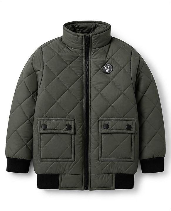 Pine Kids Woven Full Sleeves Padded Quilted Winter Jacket - Dark Green