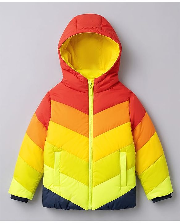 Pine Kids Woven Full Sleeves Hooded Padded Jacket with Colour Block Design - Red & Yellow