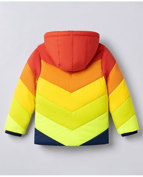 Pine Kids Woven Full Sleeves Hooded Padded Jacket with Colour Block Design - Red & Yellow