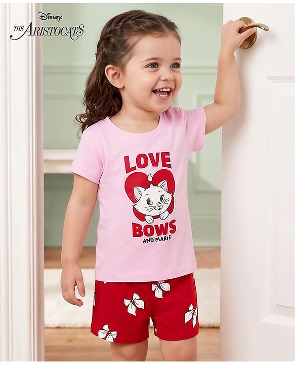 Babyhug Disney Single Jersey Knit Half Sleeves T-Shirt & Shorts Night Suit with Marie Graphics - Multicolour