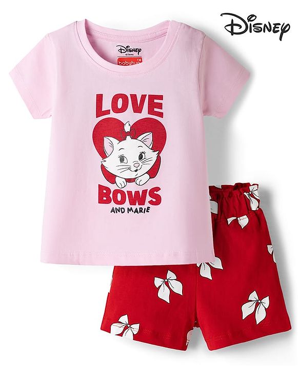 Babyhug Disney Single Jersey Knit Half Sleeves T-Shirt & Shorts Night Suit with Marie Graphics - Multicolour