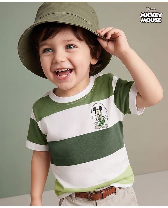 Babyhug Disney Single Jersey Knit Half Sleeves Striped T-Shirt With Mickey Mouse Graphic - Green
